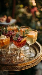 Fototapeta premium A vibrant display of cocktails garnished with fruits and herbs, beautifully presented on a vintage tray, perfect for summer gatherings and festive occasions.