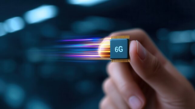 Hand Holding a Microchip With 6G Label, Showcasing Fast Technology Development in Telecommunications