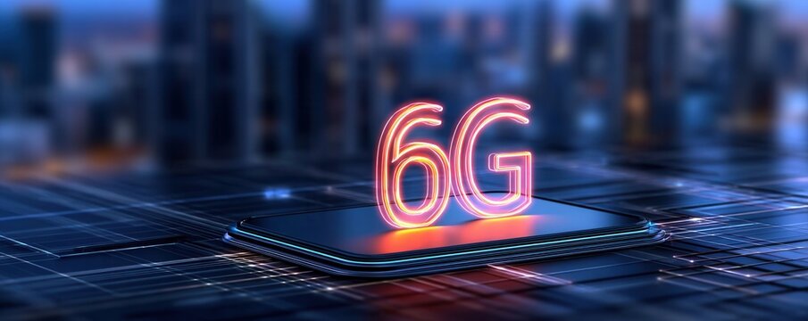 Future of Connectivity With 6G Technology Showcased on a Digital Display in a City at Night