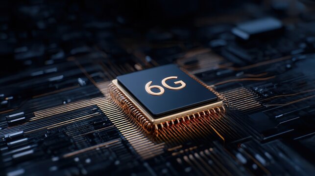 Cutting-edge 6G Chip on Intricate Circuit Board Showcased in Detailed Close-Up View - Powered by Adobe
