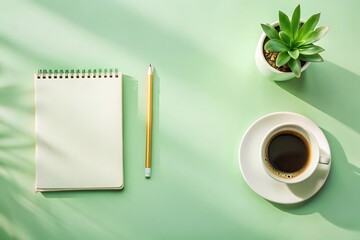 Modern workspace flat lay with coffee cup and notepad