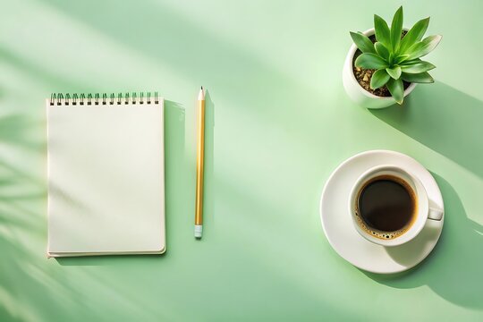 Modern workspace flat lay with coffee cup and notepad
