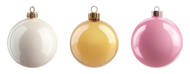 Three delicate Christmas ornaments in pearl white, golden yellow, and soft pink isolated on transparent background