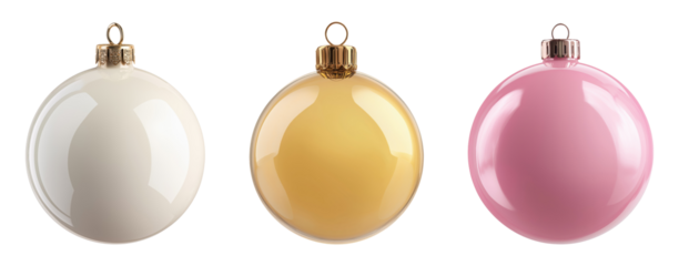Three delicate Christmas ornaments in pearl white, golden yellow, and soft pink isolated on transparent background
