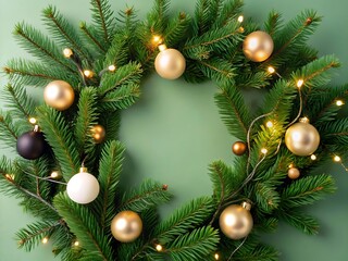 Modern Christmas background decoration with fir branches and golden balls