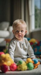 Fototapeta premium Adorable toddler in soft gray sweater sits surrounded by colorful toys, gazing with curiosity near a bright window with soft natural light filtering through
