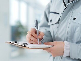 作業服を着た日本人作業員が現場点検のためにクリップボードに記録を取る手元の写真