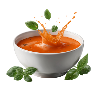 Tomato soup splash with basil leaves isolated on a transparent background 1