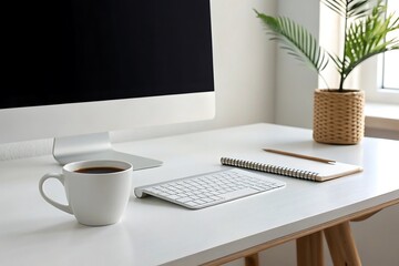Modern office interior with a computer and a cup of coffee