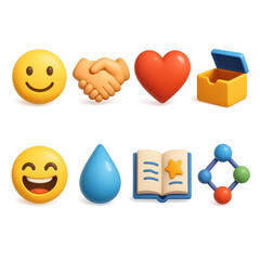 3D Emotional Icons. Emotional appeal set of icons in 3D color style: smiling face, handshake, heart symbol, surprise box, laughter emoji, tear drop,