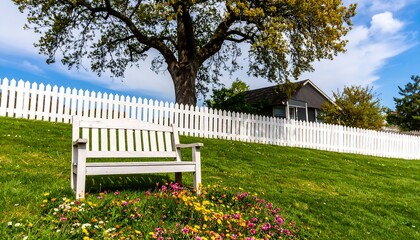 White bench, grassy hill, flowers
