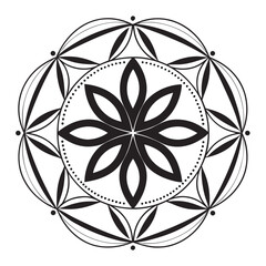 Intricate Black and White Geometric Mandala Design with Floral Elements Keywords: mandala, geometric, pattern, symmetrical, circular, design