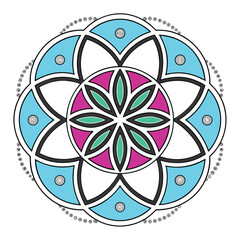 Intricate Geometric Mandala Design with Teal Pink and White Petals pattern symmetrical