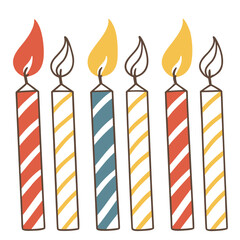 Six Striped Birthday Candles with Flames in Red Blue and Yellow Colors Keywords: birthday candles, celebration, party, birthday, festive