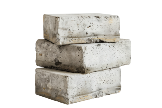 Three rustic concrete blocks stacked artistically on a clean white background