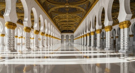 Grand islamic mosque hallway with ornate columns and golden ceiling