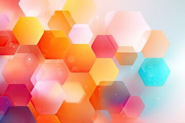 Abstract composition of colorful, translucent, hexagonal shapes with blurred edges and highlights