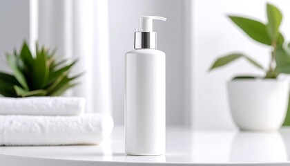 White bottle of lotion on a white table, surrounded by plants and towels