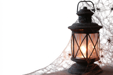 Vintage lantern with spiderwebs creating a spooky Halloween atmosphere perfect for seasonal decorations and themed events