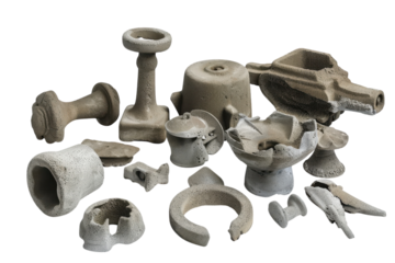 Artful sandcast sculptures display unique forms and textures against a light backdrop