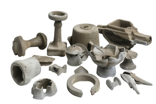 Artful sandcast sculptures display unique forms and textures against a light backdrop