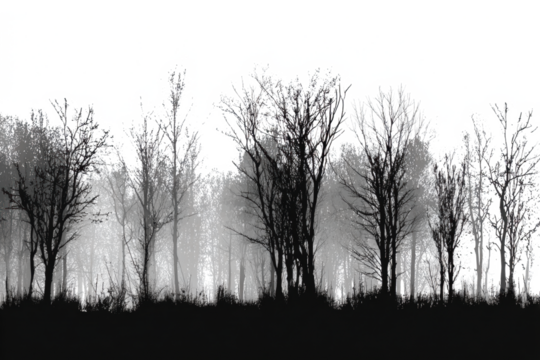 Monochrome silhouette of bare trees in a forest misty atmosphere creating a stark and evocative landscape
