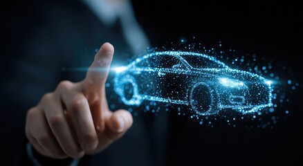 A person's hand interacts with a futuristic car projected from digital particles, glowing blue
