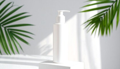 White bottle on a white pedestal with tropical leaves