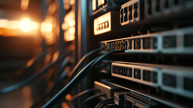 Network Equipment Stack: Data cables connected to a server rack in a data center, conveying digital information and communication services.