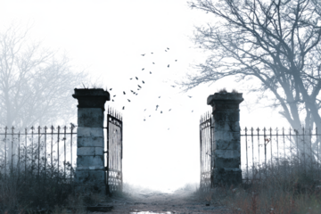 Open gate in a misty landscape leading to bright light symbolizing hope and new beginnings