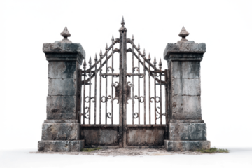 Old stone gate with iron bars weathered and textured isolated on white background for architectural design
