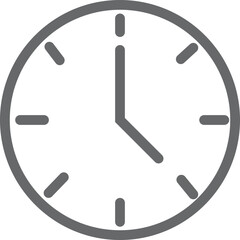 Simple minimalist line art icon of a round analog clock showing five o clock. Simple clock face showing the time of day with hour and minute hands.