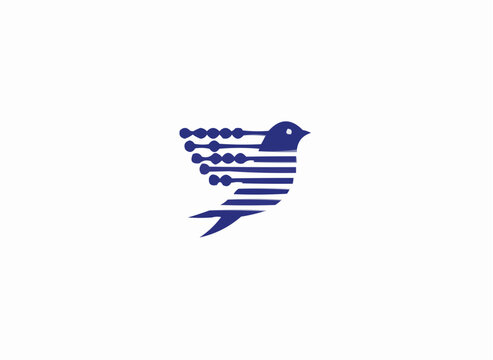 Dynamic abstract blue bird logo representing speed, technology, and digital communication in a modern, sleek design ideal for startups.