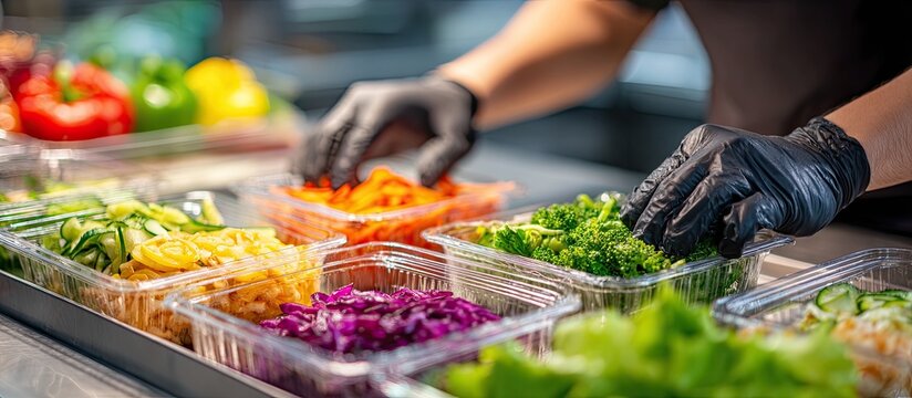 Close-up of gloved hands preparing fresh vegetables in a row of containers in a commercial kitchen