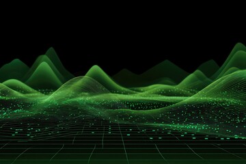 Abstract green landscape with wireframe grid and data points on a black background
