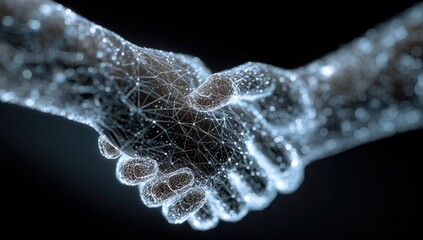 Conceptual digital artwork showing two hands shaking in a connected network of lines and dots