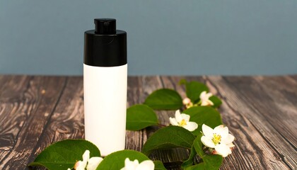 White bottle with flowers and leaves on wooden surface
