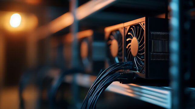 Graphics processing units installed on a metal rack, likely for cryptocurrency mining or similar processing tasks with wires connected to the GPUs.