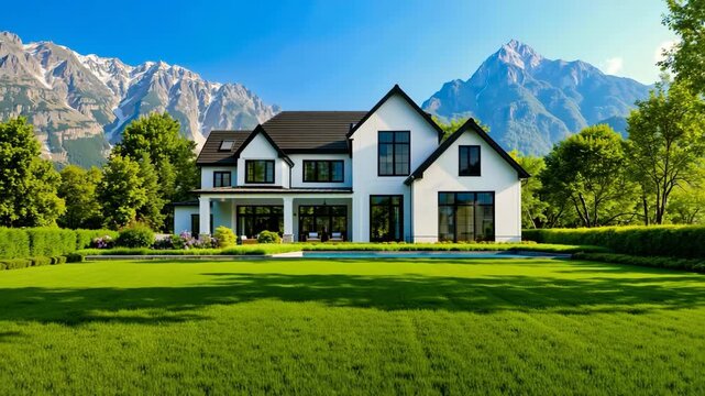 A large white house sits on a large green lawn in front of a mountain range. The house has a large pool and a patio area with several chairs