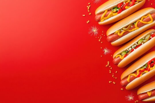 Delectable Hot Dog Delight: A tempting array of perfectly crafted hot dogs, each adorned with a symphony of fresh ingredients, arranged against a vibrant red canvas.