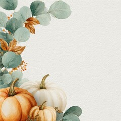 Bright orange pumpkins with blue grapes and autumn berries on teal wooden background, symmetrical border composition with copy space in the center for seasonal banner, invitation, template or holiday 