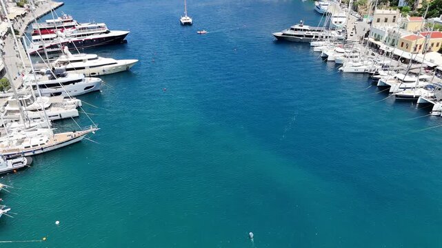 Aerial View of Symi Island Harbor, Greece &ndash; Colorful Houses and Luxury Yachts