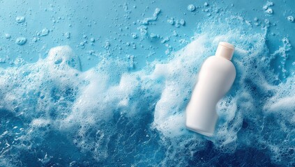 An overhead view of a white bottle amid frothy blue bubbly water