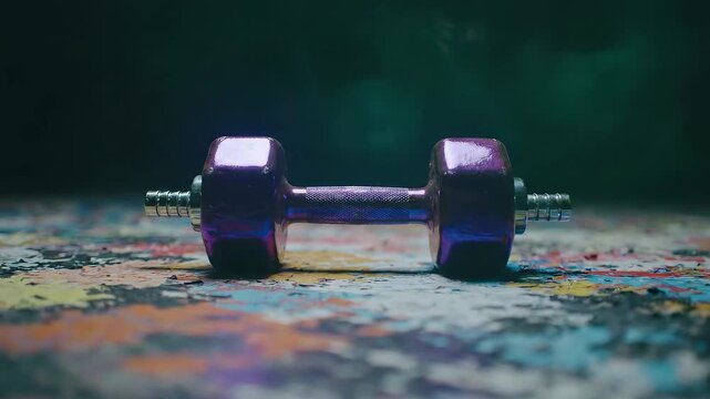 Purple dumbbell on distressed colorful floor in studio
