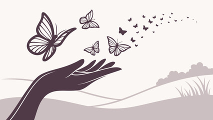 Fototapeta premium Joyful Experience of Butterflies Escaping from Hand in Serene Nature Landscape