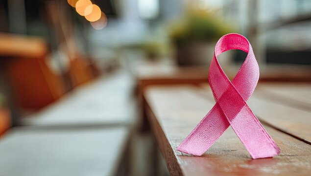 A pink ribbon symbolizing awareness stands on a wooden table with blurred out background - Powered by Adobe