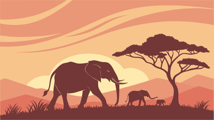 Elephants Walking Through a Scenic Landscape at Sunset in Nature Illustration