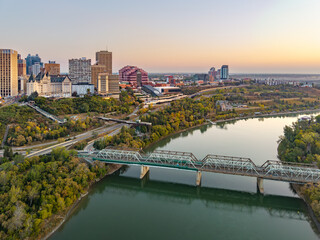 Aerial sunrise view of bridges and river valley in Edmonton, Alberta © Thomas