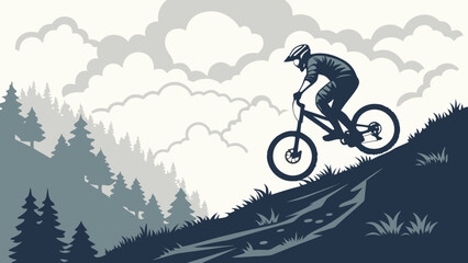 Mountain Biker Riding Downhill in a Misty Forest Landscape