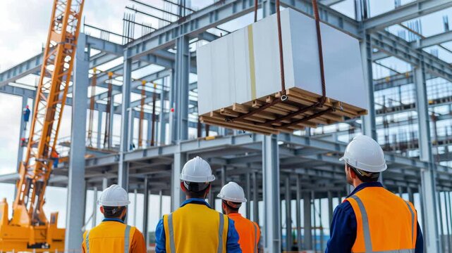 Construction site crane lift steel frame structure worker safety gear teamwork industrial building heavy load engineering progress daytime precision